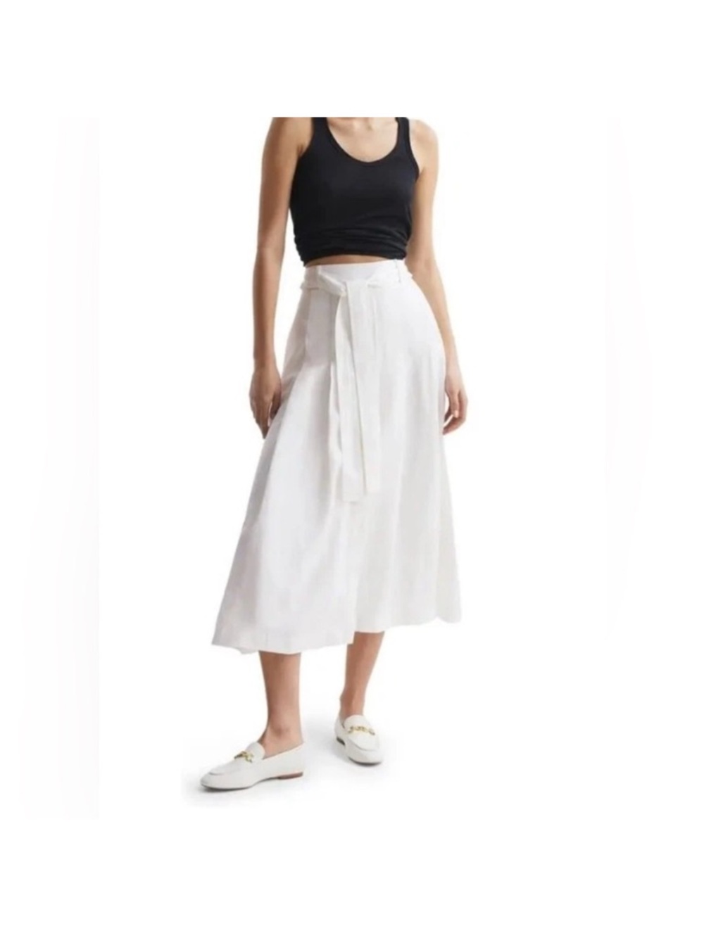 Reiss White Tie-Waist A-Line Midi Skirt